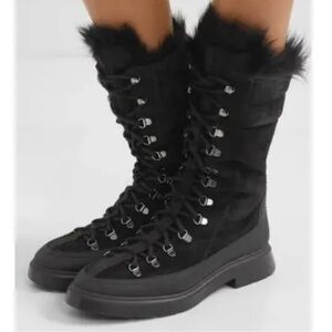 Stuart Weitzman Jessie Tall Hiker Combat Boots lace-up black suede & fur sz 8
